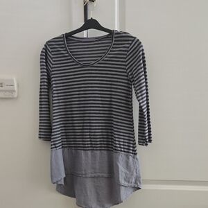 Cut Loose Black and Gray Striped Layered Hem Long Sleeve Top